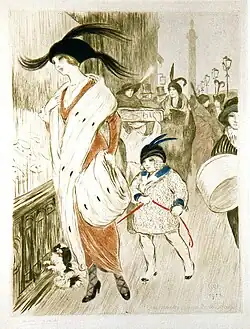 Malo-Renault, Cinq heures rue de la Paix, 1912, pointe sèche en couleur.