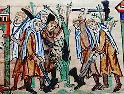 Miniature du XIIIe siècle représentant des moines cisterciens au travail, en tunique brune.