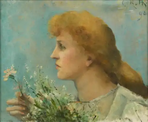 Profil de jeune fille rousse tenant un bouquet de fleurs printanières,Collection privée.