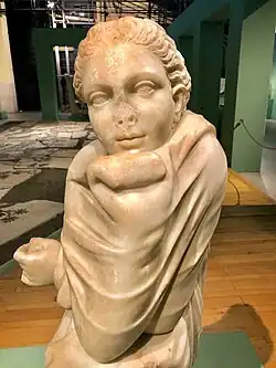 Femme vue de face, bras croisés étroitement enveloppés d'un voile, le menton du visage pensif appuyé sur un poing.