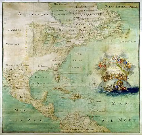 Carte de 1681 du cartographe Claude Bernou avant que La Salle ne traverse le Mississippi. elle révèle un manque de connaissances de la géographie du Texas.