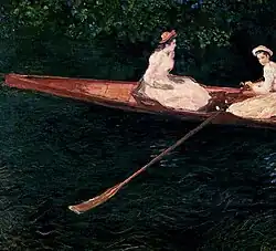 Peinture représentant deux femmes assises dans un aviron, dont l'une rame.
