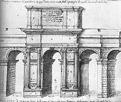 Reconstitution de l'arc de Claude, dessin de Pirro Ligorio (milieu du XVIe&nbsp;siècle).
