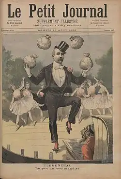 «&nbsp;Le pas du commandité&nbsp;», caricature de Clemenceau figurant en une du supplément illustré du Petit Journal du 19 août 1893 (veille du premier tour des élections législatives).