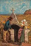 Couple devant une fontaine (en Bretagne, probablement dans la région de Pont-Aven).