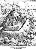 Dessin représentant une reconstitution de la motte féodale de Coat-Morvan en vue cavalière (dessin du chanoine Abgrall).