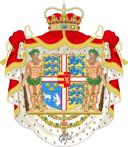 Armes de Joachim de Danemark, sur-le-tout parti d'Oldenbourg et de Laborde de Monpezat.
