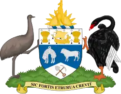 Cygne noir et émeu autour des armoiries.