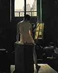 Femme nue assise devant un groupe d’artistes dans un studio parisien, collection privée.