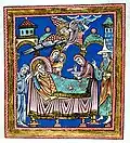 Nativité de Marie, mère du Christ, oùSaint Joachim porte le chapeau juif, Allemagne (XIIe siècle)