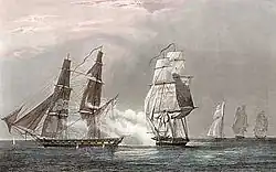 Combat du Renard contre le Swallow (1841), gravure en couleurs d'après Paris, non localisée