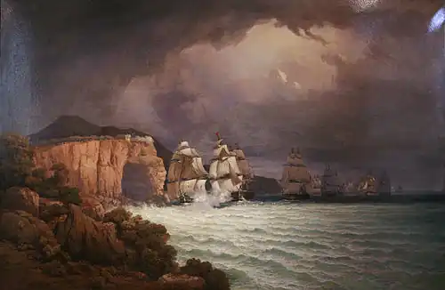 Combat du Romulus, exposé au Musée national de la Marine de Toulon, médaille de 2e&nbsp;classe au salon de Paris de 1848.