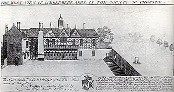 Gravure représentant une vaste maison à colombages.