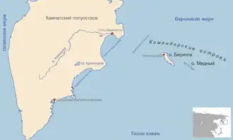 Sud de la péninsule du Kamtchatka avec les îles Komandorski à l'est