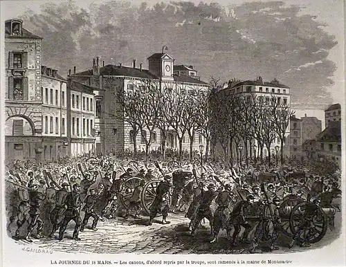 Dessin montrant des soldats poussant des canons.