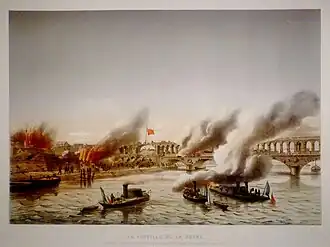 Peinture montrant des bateaux militaires au combat sur le fleuve avec des bâtiments en flamme à l'arrière-plan.