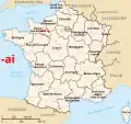 Terminaisons en -ai. Dans le département de l'Orne, les -ay sont devenus -ai sur décision du conseil général. Obernai et Niedernai en Alsace ne sont pas des noms en -acum