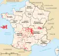 Terminaisons en -at, issues de -acum uniquement en Auvergne, Limousin et centre est.