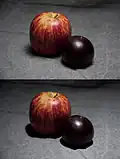 Fruits éclairés par une lightbox (en haut) et par une source directe (en bas).