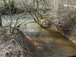 Le Dalon (en bas) conflue avec l'Auvézère (qui coule en haut de droite vers la gauche).