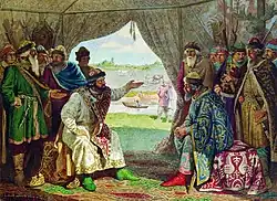 Vladimir II (à gauche) rencontre Sviatopolk II à Dolobsk en 1103 (tableau de Kivchenko, 1851-1895).