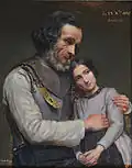 Tableau signé Constant Claes 1847, huile sur carton. Homme pensif et sa fille.