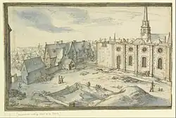 Dessin aquarellé montrant au centre les fondations du futur collège. Au fond à gauche, de vieilles maisons, à droite, une église.