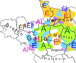 Carte de l'ouest de la France montrant les différences de prononciation du mot « haie » selon les régions.