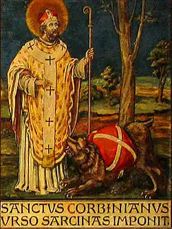 Sanctus Corbinianus urso sarcinas imponit - Saint Corbinien ordonne à l'ours de porter ses bagages.