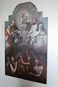 Saints mercédaires intercédant auprès de l'Agneau Mystique pour les âmes du Purgatoire : Pierre Nolasque, Raymond Nonnat, Pierre Armengol et Maria de Cervelló