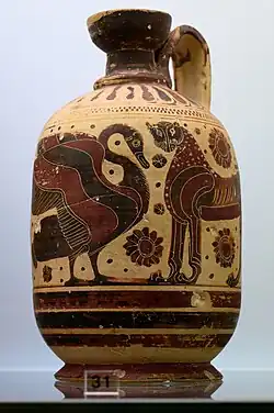 Lécythe cylindrique, cygne et lion, déb. -VIe s.