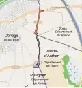 En rouge le territoire de Jons qui a intégré Jonage, en bleu le territoire de Jonage qui a intégré Jons. Ces échanges ont permis d'assurer la continuité territoriale du département du Rhône.