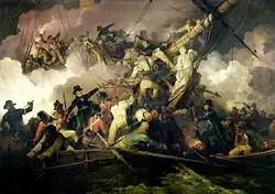 Chaloupes d'anglais montant, parmi morts et blessés, à l'assaut d'une corvette dans un nuage de fumée