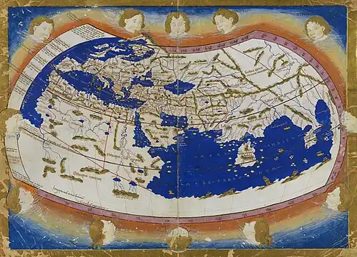 Carte du monde de Ptolémée par Nicolaus Germanus&nbsp;(en) avec l'Océan Indien fermé (reconstitution publiée en 1467).