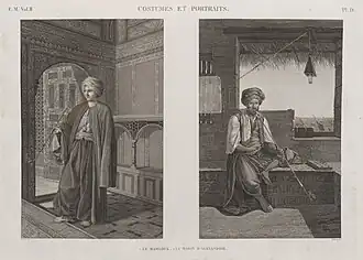 Jeune mamelouk (g.) et marin d'Alexandrie (dr.), Description de l'Égypte, 1801.