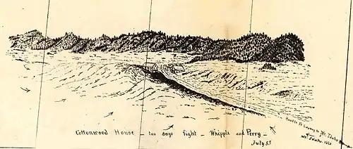Dessin en noir et blanc représentant deux maisons au bord d'une route avec en arrière-plan une ligne de collines boisées.