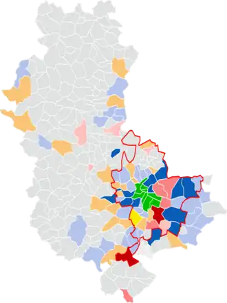 Couleur des listes arrivées en tête au premier tour.