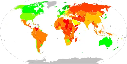 Mappemonde indiquant l'indice de perception de la corruption par pays.