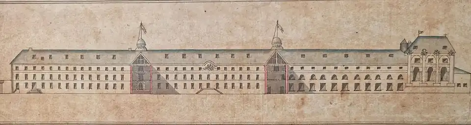 Schéma de coupe de l'école de Saint-Cyr du côté du parterre, XVIIIe&nbsp;siècle, localisation inconnue.