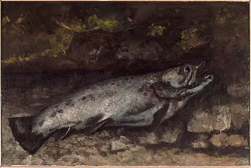 La Truite, 1873, musée d'Orsay, qui peut être considérée comme une représentation du peintre lui-même en proie à ses difficultés du moment,
