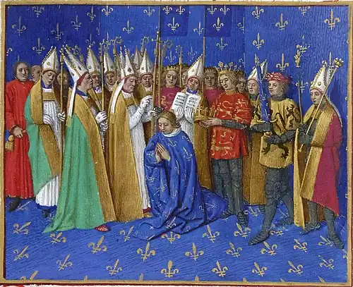 Couronnement de Philippe Auguste (Grandes Chroniques de France (Jean Fouquet), XVe siècle).