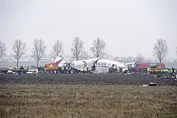 Un fuselage brisé dans un champ, environné par des engins et des sauveteurs.