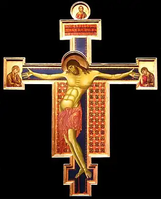 Cimabue (Arezzo) la Vierge à la gauche du Christ et saint Jean à sa gauche, éplorés.