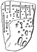 Les cupules et traits de l'une des pierres subsistantes du cromlech de Kermorvan (dessin de Paul du Châtellier).