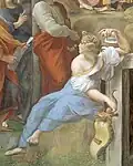 Sappho, Le Parnasse de Raphael (1510-11), aux côtés d'autres poètes. Dans sa main gauche, elle tient un parchemin sur lequel est écrit son nom.