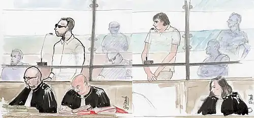 Croquis d'audience en couleurs, représentant les accusés et leurs avocats.