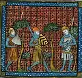 Des croisés dans une enluminure des Grandes Chroniques de France. Ils portent ici un armement de la fin du XIIIe et du début du XIVe s. : grand haubert à surcot, cervelière, lance et écu.