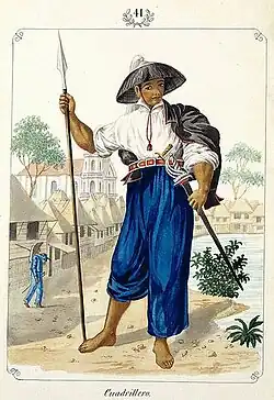 Cuadrillero de José Honorato Lozano, représentant un cuadrillero ou policier de village (députés locaux ou gendarmes) en salakot avec un panache en crin de cheval, vers 1847