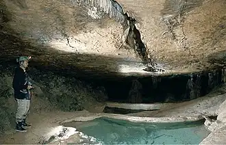 Le toit de la grotte du Cul de Bœuf (Méailles, Alpes-de-Haute-Provence, France) est constitué de conglomérats, alors que son sol marneux est recouvert de calcite de gours.