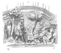 Bas-relief de la “chambre du trésor” : Tristan et Iseut à la fontaine, épiés par le roi Marc.